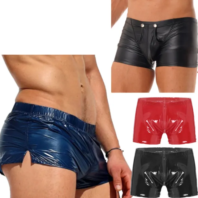 Boxer da uomo sexy in finta pelle pantaloncini tasca sporgente mutande pantaloni caldi biancheria intima