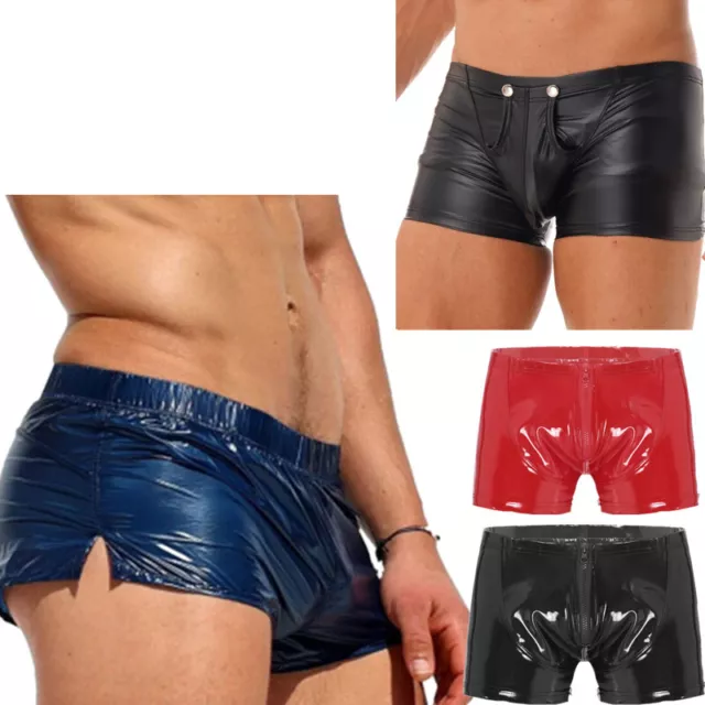 DE Herren Wetlook Kunstleder Shorts Bulge Pouch Boxer Slips Unterwäsche Clubwear