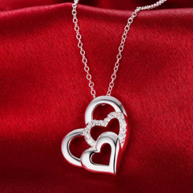 Womens 925 Sterling Silver CZ Crystal Love Heart Pendant 18" Chain Necklace N113