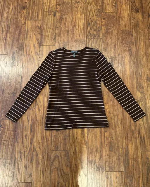 Lauren Ralph Lauren Women’s 100% Cotton Brown Stripe Long Sleeve Top Size Large