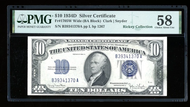 DBR 1934-D $10 Silver Wide Fr. 1705W PMG 58 Serial B39341370A