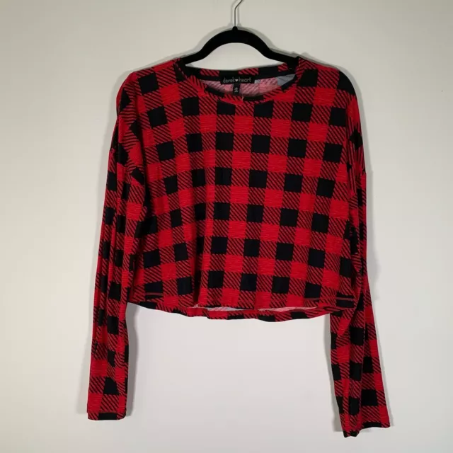 Derek Heart Shirt Women’s Large Red Black Check Plaid Cropped Long Sleeve Top