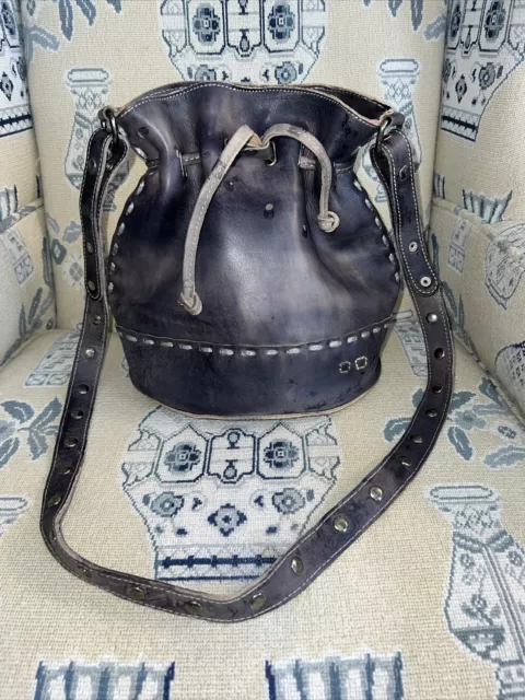 Bed Stu Leather Malibu Drawstring Bucket Bag Blue Purse Crossbody Handbag