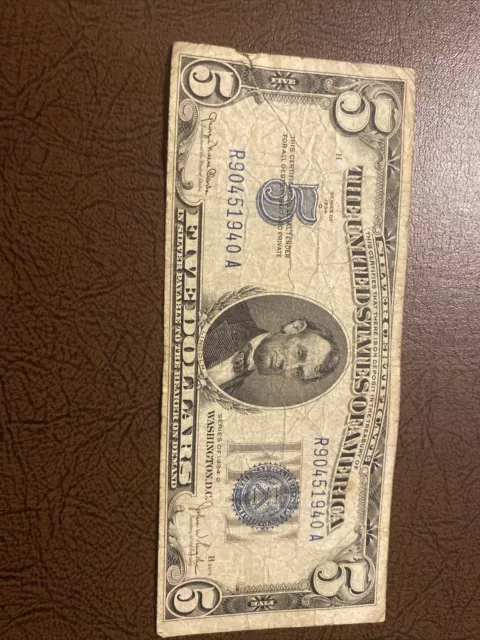 1934 d united states five dollar silver certificate $5 dollar circulated #5