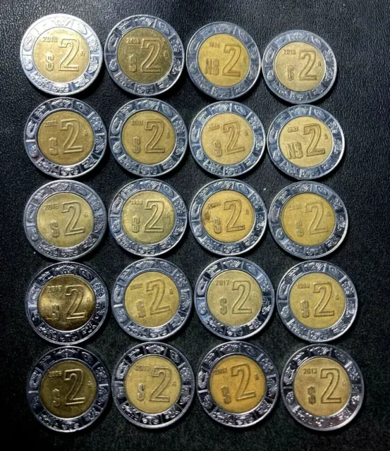 Old Mexico Coin Lot - 2 PESOS - 20 Excellent Coins - Bi-Metal - lot #Y25