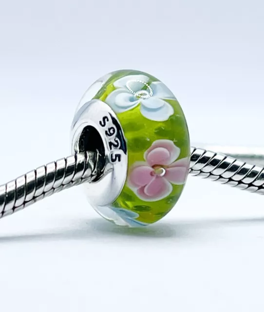 💖 Green Flower Murano Glass Spacer Charm Bead Genuine 925 Sterling Silver 💖