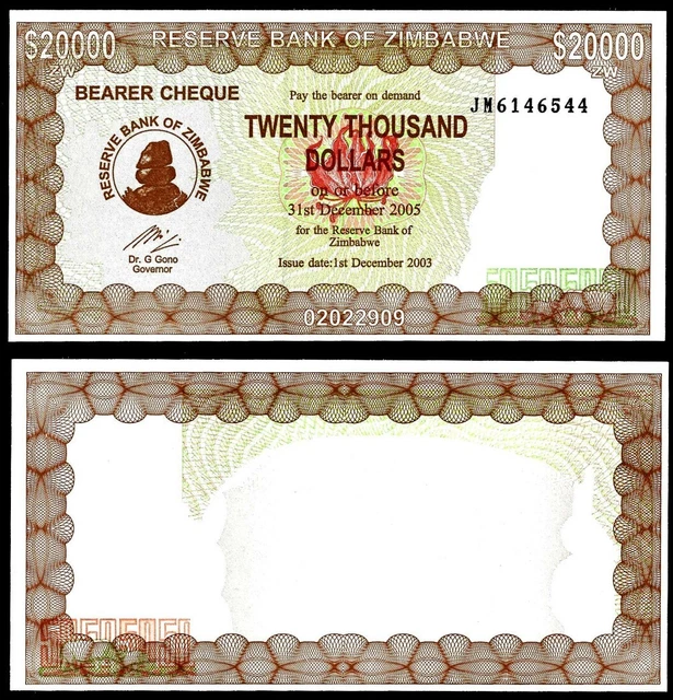 ZIMBABWE 2003 $20000 Bearer Cheque Uncirculated $4.88 - PicClick AU