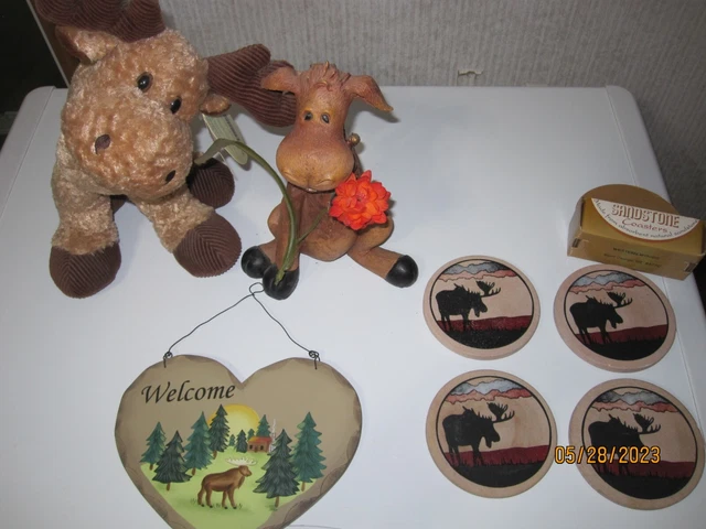 Moose Lot: Statue / stuffed animal / Sandstone Coasters / Welcome Sign.