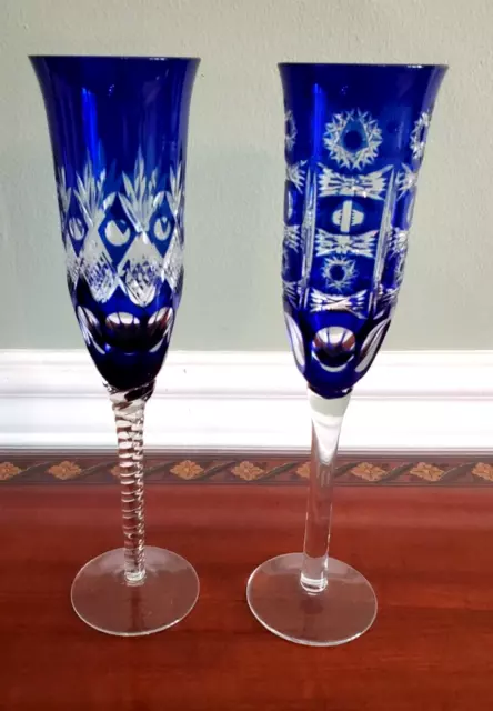 Bohemian Cobalt Blue Crystal Cut To Clear Champagne Flutes Hand Cut- Set Of 2