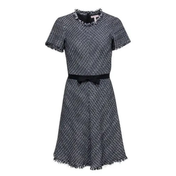 Rebecca Taylor || Short Sleeved Tweed Fit Flare Dress Belted Bow Black White 8