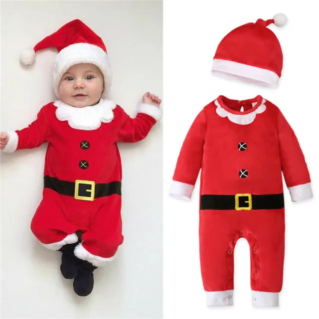 Newborn Infant Baby Boys Girls Christmas Fleece Romper Jumpsuit Hat Outfits Set