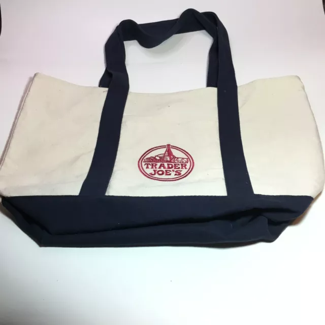 TRADER JOE’S REUSABLE Grocery Bag Tote Beige Blue Heavy Duty Eco Cotton ...