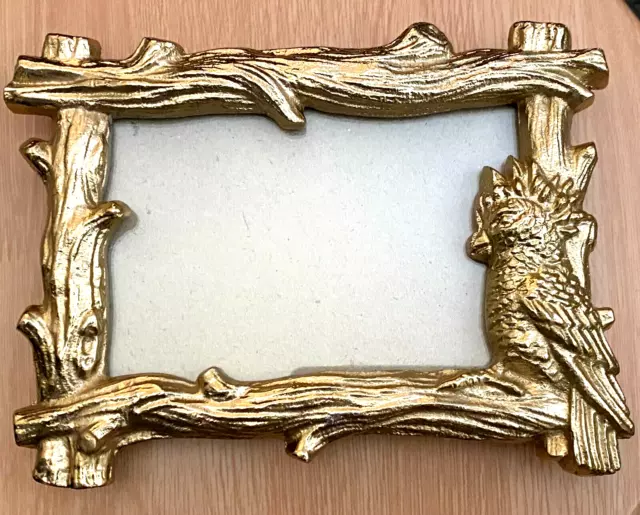 MCM Vintage Cast Iron Picture Frame Easel Back Gold Finish Cockatoo Bird