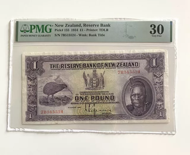 New Zealand 1 Pound Pick# 155 1934 PMG 30 Very Fine Banknote