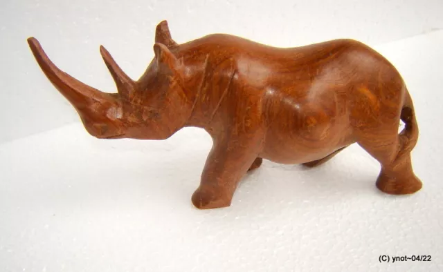 Vintage Hand-Carved SOLID TEAK-WOOD RHINO (Kenya Rhinoceros) 9 X 3.5" ~ Africa