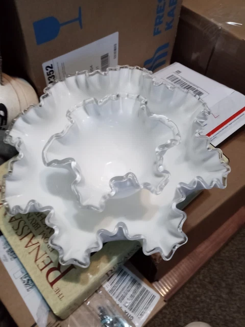 Fenton 2 Silver Crest Bowl 11” & 6" Double Ruffle Milk Glass Clear Edge Vintage