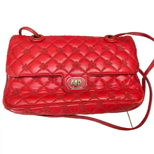 Vintage Judith Leiber Evening Bag Red Quilted Leather Shoulder Strap