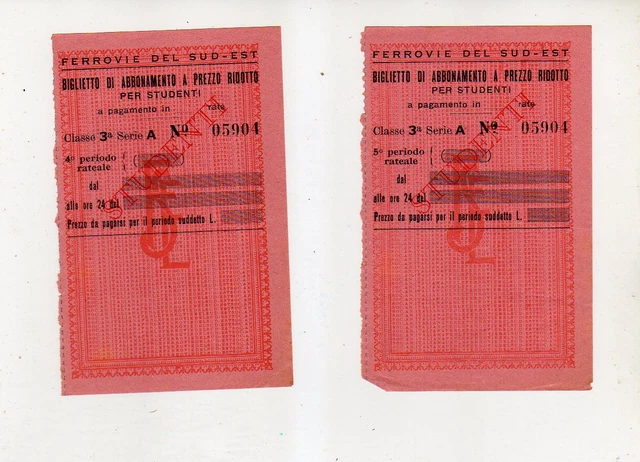 Ferrovie Del Sud-Est-Due Biglietti Per Abbonamento Studenti 3^Classe-Anni'50