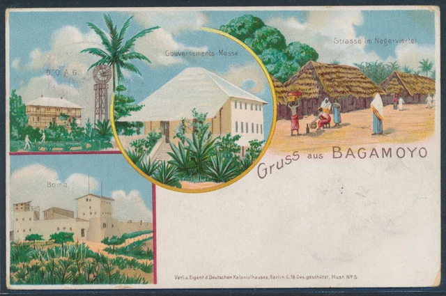 DOA Adler Litho Privatpostkarte Bagamoyo 1899 Zanzibar Berlin Attest (S23618)