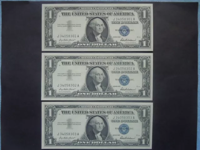 (3) 1957 $1 Consecutive Silver Certificates "Blue Seal" Uncirculated Crisp