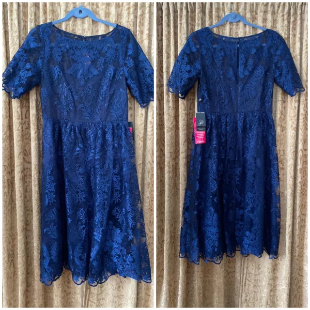 Adrianna Papell Navy Blue Lace Fit and Flair Cocktail Dress, Size 10 Midi