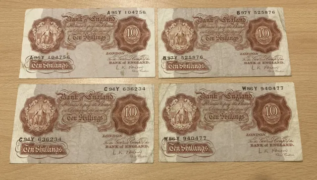 Four Ten Shilling Bank of England Notes 1950’s L.K. O’Brien 10/-