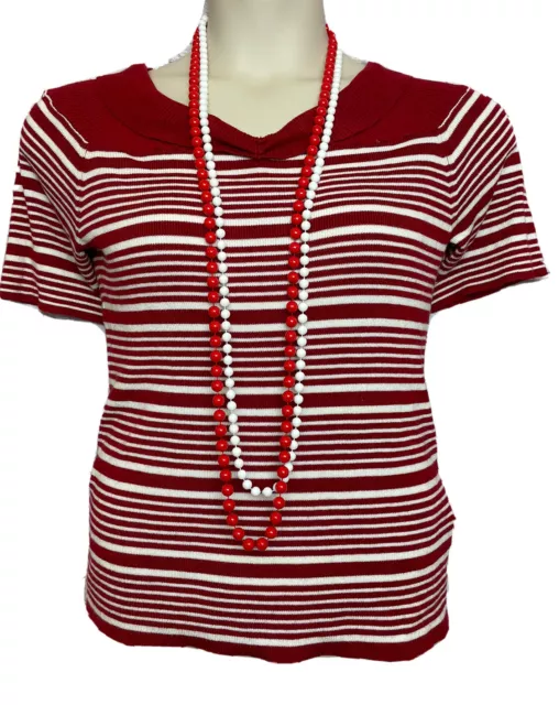 OASIS L/14 Vgc Red/Ivory Striped Knit RETRO Short Sleeve Top