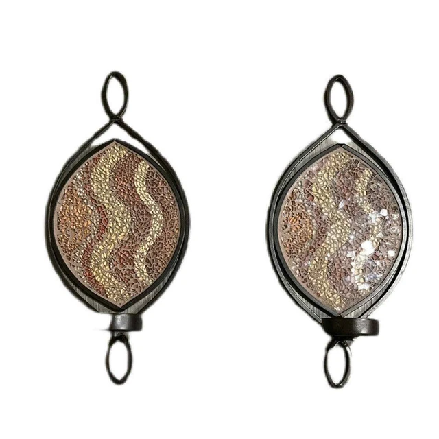 Set of 2 Metal Wall Sconces Mosaic Glass Candle Holders