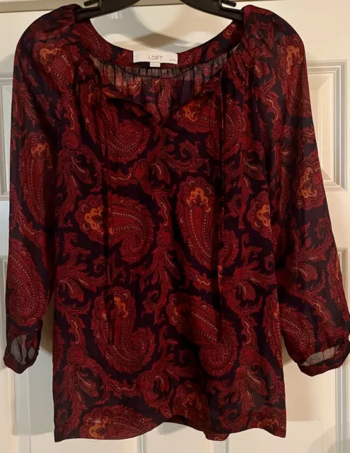 Ann Taylor LOFT Bohemian Paisley Size Petite S Pullover Semi-Sheer 3/4 Sleeve