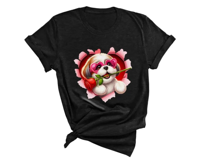 Shih Tzu Love Rose Heart Glasses Valentines Day Dogs Lover  T-shirt