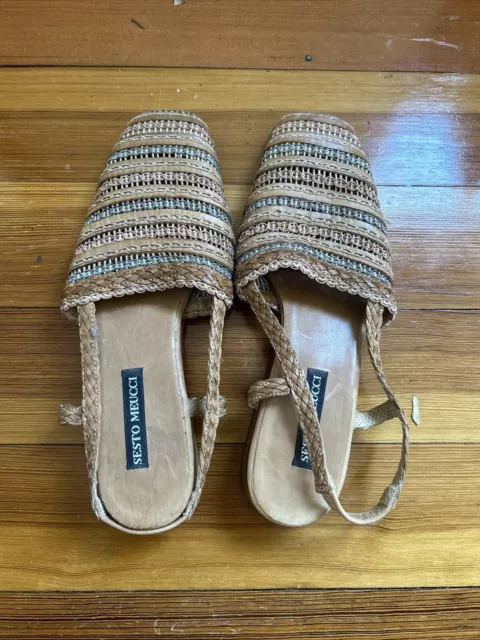 Sesto Meucci Woven Slingback Sandal Size 7. Womens Brown Striped Vintage Italy