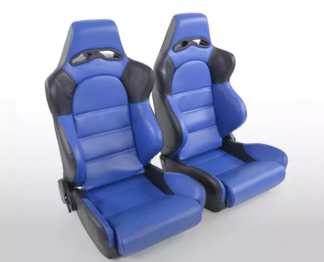 FK Pair Universal Reclining Big Side Bolster Bucket Seats Blue & Black +slides