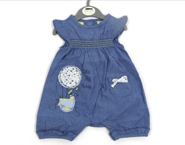 New Baby Girls Soft Denim Bunny Romper 'Let's Fly Away' Newborn 0-3-6 Months