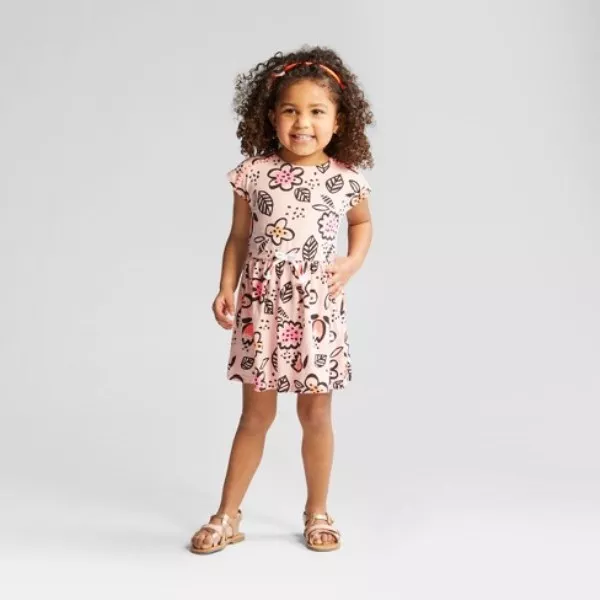 NWT CAT & JACK Girl Pink Floral Cap Sleeve A-line Dress 12M 2T Baby Toddler