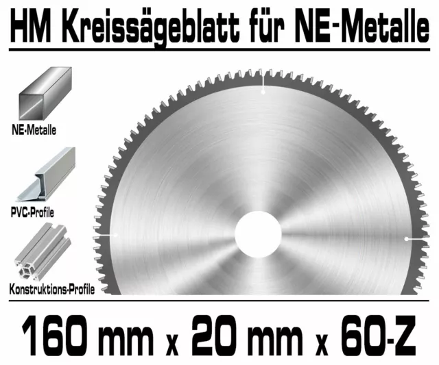 ALU Hartmetall Kreissägeblatt 160 mm x 20 x 60-Z Negativ Aluminium NE-Metall XT