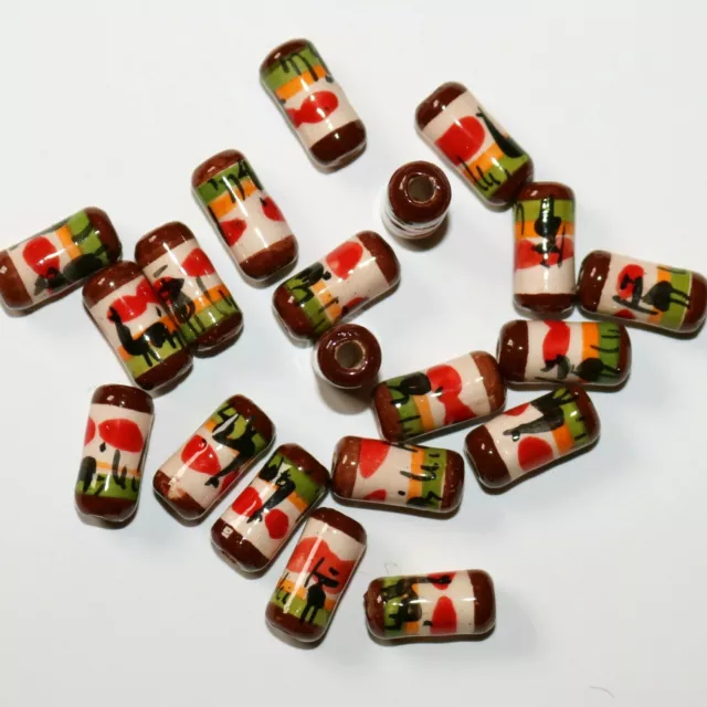 20 Keramik Perlen handbemalt, 14 mm, Walze Zylinder braun rot, Inka Peru Schmuck