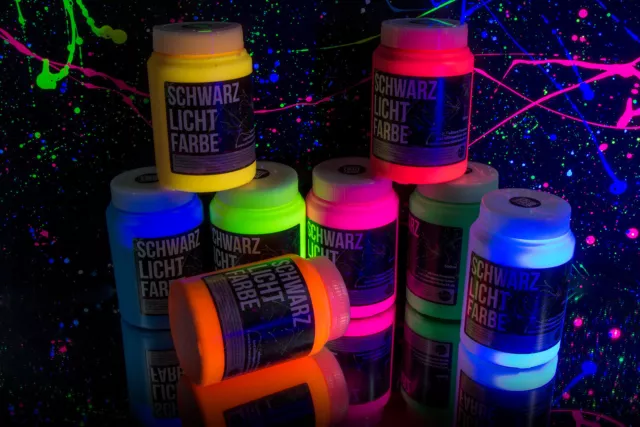 8 x 500ml Schwarzlichtfarbe Tagesleuchtfarbe UV-Farbe  Neon Premium-Qualität