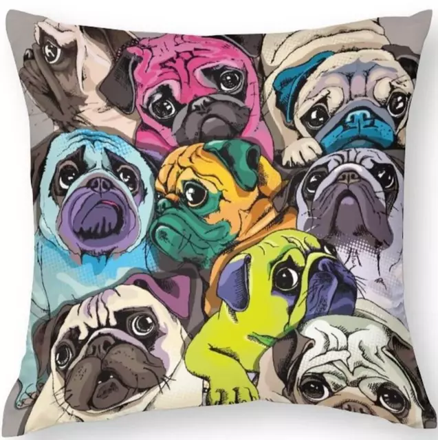 Colourful Multi PUG WARM Velvety VELOUR Zipped 44.5cm Square Cushion Cover, UK!