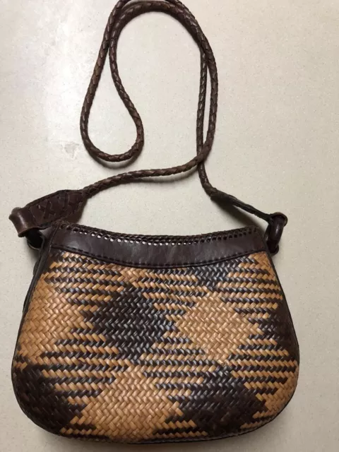 Shoulder Bag Purse Woven Wicker Basket ~ Handmade Indonesia Bali Genuine Leather