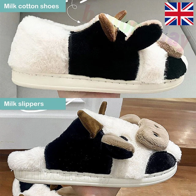 LADIES FUZZY COW Slippers Cute Cozy Cotton Shoes Animal Shape Antislip