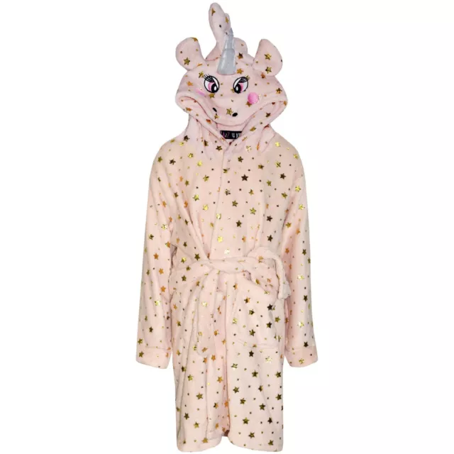 Girls Bathrobe 3D Animal Unicorn Golden Star Dressing Gown Fleece Nightwear 2-13