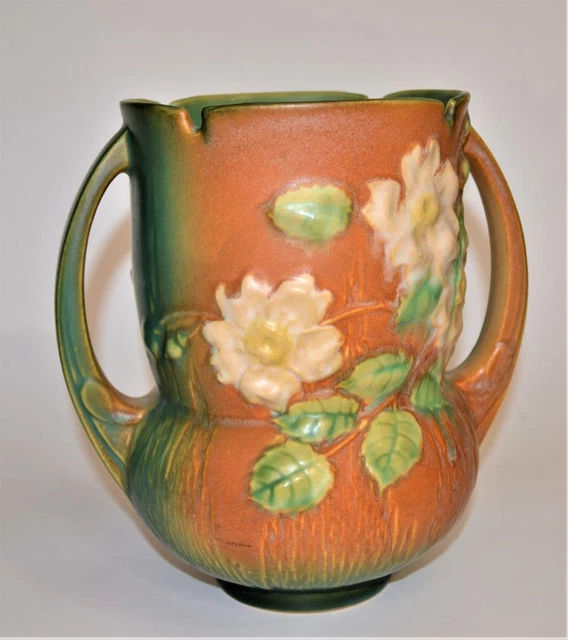 VINTAGE ROSEVILLE ART Poterie Marron Blanc Rose Double à Poignées Vase
