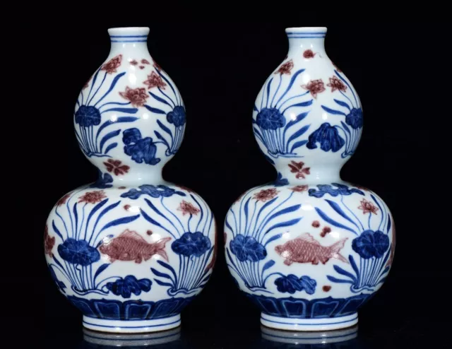 A Pair Chinese Hand Painting Underglaze Red Porcelain Fish Calabash Vase