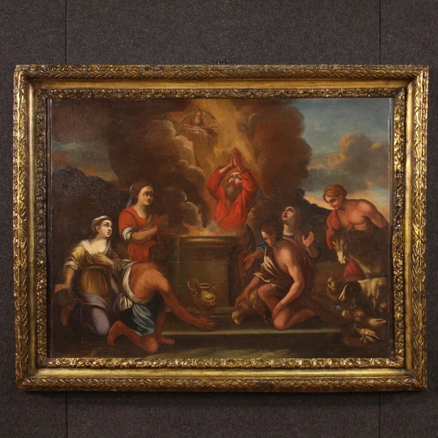 Pintura religiosa antigua cuadro oleo sobre lienzo Marco sacrificio siglo XVIII