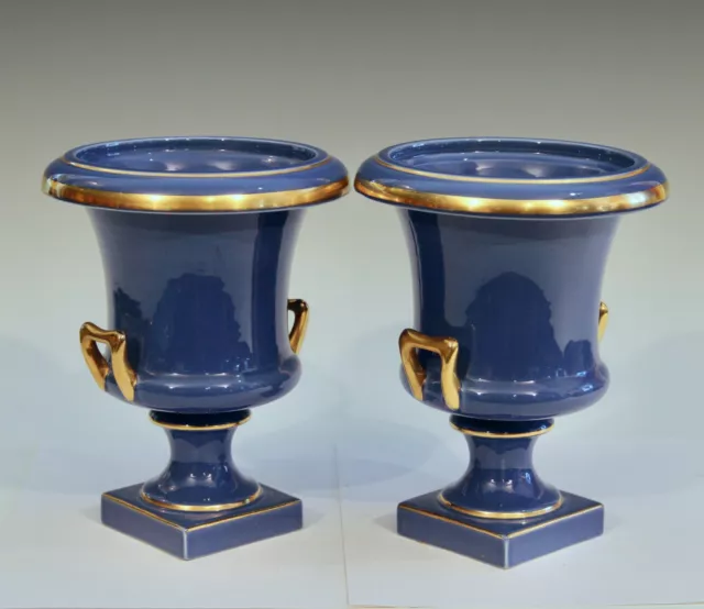 Pair Vintage Pottery Garniture Vases Mantle Urns Classical Royal Blue Trenton NJ