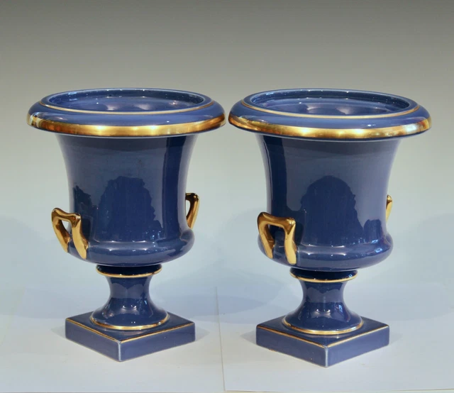Pair Vintage Pottery Garniture Vases Mantle Urns Classical Royal Blue Trenton NJ