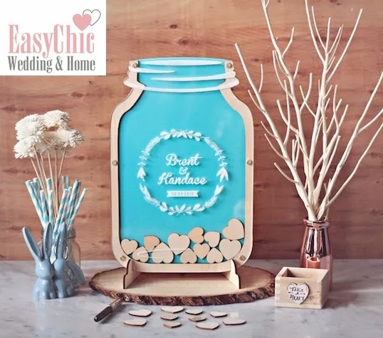 Personalised Wedding Guest Book Alternative Wooden Hearts Drop Mason Jar Box