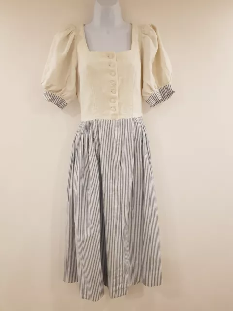 Vintage Dress Long Pleated Pockets Stripe Cotton Retro Size 10 Button Front Folk