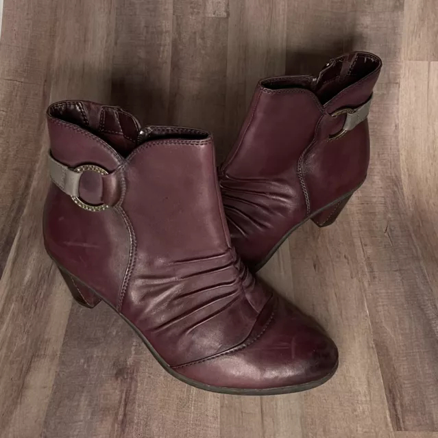 Earth Origins Leather sz 8 Purple Wine Ankle Bootie Boot Shoe Side Zip 2.5" heel