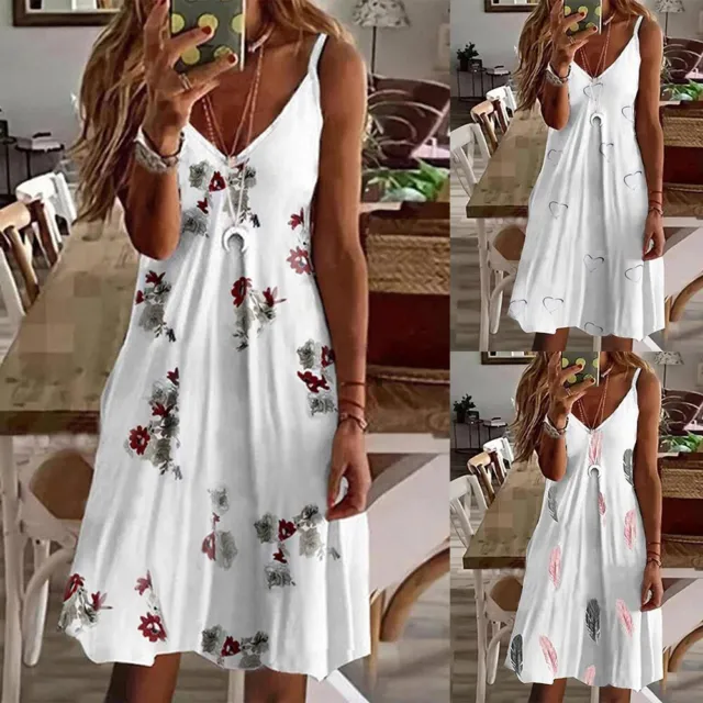 Womens Boho Floral Beach Sundress Ladies Summer V Neck Strappy Cami Midi Dresses